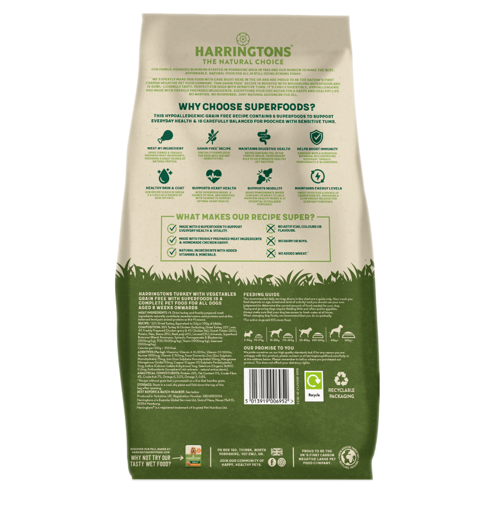 Harringtons Superfoods Turkey with Vegetables Adult Dry Dog Food 1.7kg