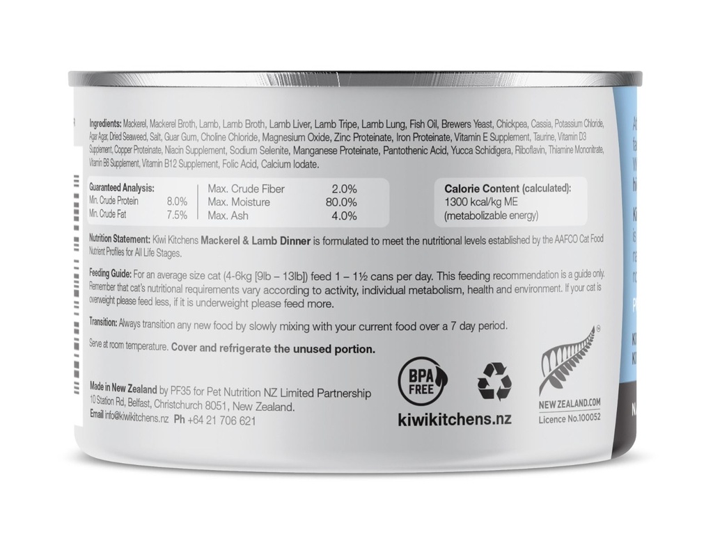 Kiwi Kitchens Mackerel & Lamb Dinner Canned Wet Cat Food 85gm